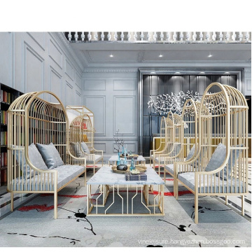 Explosion size custom LOFT light luxury golden bird cage iron sofa hotel rest double sofa table and chair combination